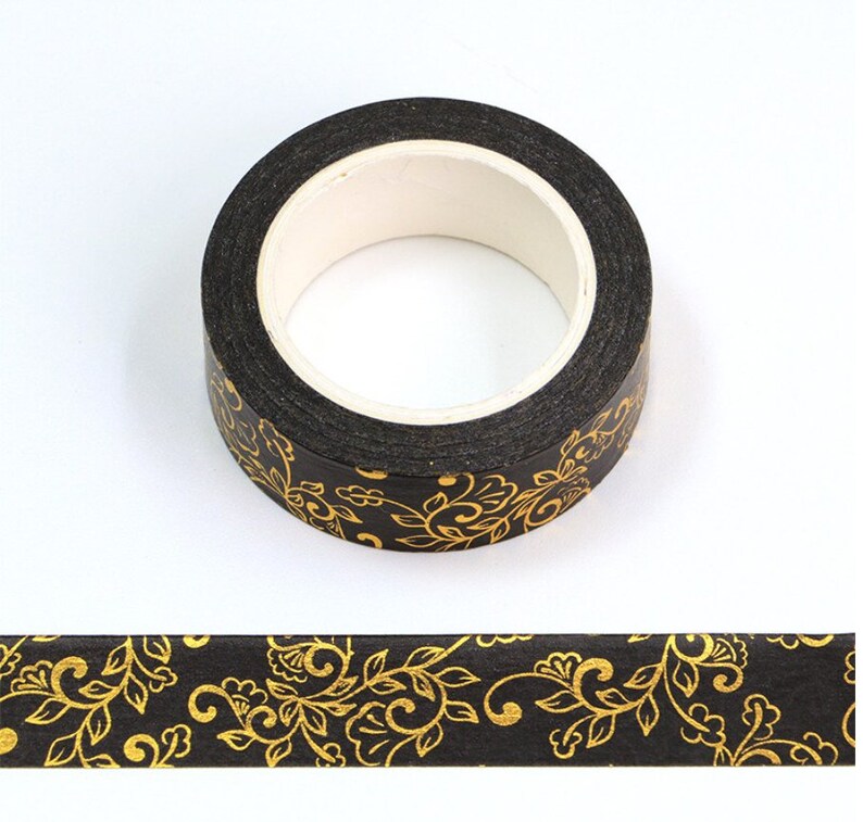 Black Washi Tape With Golden Flowers and Leaves. Washi Tape Etsy