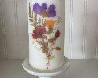 Pressed floral pillar candle