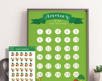 Personalised Vegan 30 Day Habit Tracker Chart with Stickers. Cute and Motivational Vegan Challenge Tracker. Health and Nutrition Goal Chart