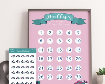 Personalised Fitness 30 Day Habit Tracker Chart with Stickers. Cute and Motivational Fitness Challenge Tracker. Fitness and Exercise Goals