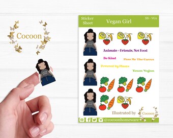 Vegan Girl Planner Sticker Sheet. Perfect for Veganuary, Planners, Journals and Scrap Book. Cute Vegan Stickers with Fruit/ Veg.