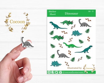 Dinosaur Planner Sticker Sheet. Cute Jurassic, T-rex, Stegosaurus, palm leaf, dinosaur footprint stickers. Gift, stocking filler, journal