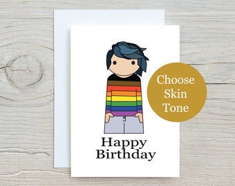 Happy Birthday Non-Binary Card. Unique and Cute Birthday Card for LGBT loved one. Pride flag colour. LGBT birthday. Choose the skin tone.