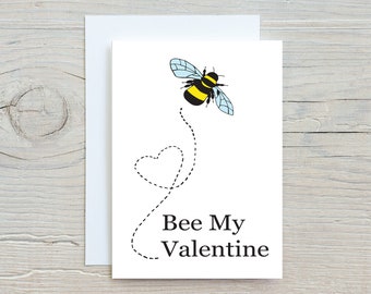 Bee My Valentine - Valentines Day Greetings Card. Cute Bee Themed Card with Heart Shaped Bee Line. Be my Valentine. Card for couples in love