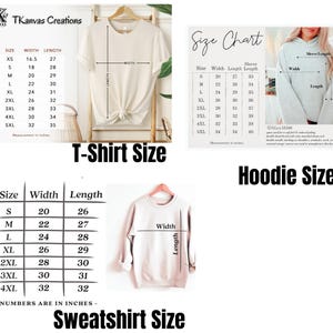 Op de afbeelding: Maattabel voor T-shirts, sweatshirts en hoodies. De tabel toont de breedte- en lengtemaat in inches voor elke maat, van XS tot 5XL.