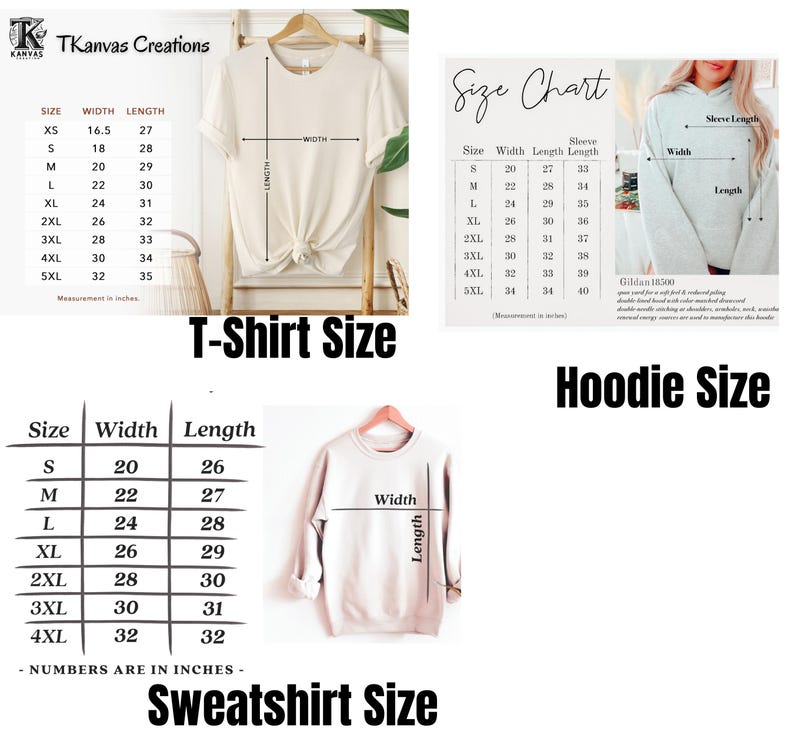 Op de afbeelding: Maattabel voor T-shirts, sweatshirts en hoodies. De tabel toont de breedte- en lengtemaat in inches voor elke maat, van XS tot 5XL.