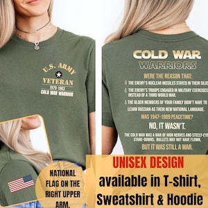 May include: A green t-shirt with a gold print that says "Cold War Warriors" and a description of the reasons why the Cold War was a war. The shirt also has a smaller print on the front that says "U.S. Army Veteran 1979-1983 Cold War Warrior". The shirt has a small American flag on the right sleeve. The text on the back of the shirt reads: "Were the reason that: The enemy's nuclear missiles stayed in their silos. The enemy's troops engaged in military exercises instead of a third world war. The older members of your family didn't have to learn Russian as their new national language. Was 1947-1989 peacetime? No, it wasn't. The Cold War was a war of iron nerves and steely-eyed stare-downs. Bullets may not have flown, but it was still a war."