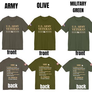 Op de afbeelding: Drie T-shirts in verschillende kleuren: legergroen, olijfgroen en militaire groen. De voorkant van elk shirt heeft de tekst "U.S. ARMY VETERAN" met een kleine Amerikaanse vlag op de linkermouw. De achterkant van elk shirt heeft de tekst "SHE SWORE AN OATH TO DEFEND HER COUNTRY AND CONSTITUTION. WORE COMBAT BOOTS WITH PRIDE. WORE CAMOUFLAGE. DID ALL THE SAME THINGS THAT MALE SOLDIERS DID. IS PROUD TO HAVE SERVED."