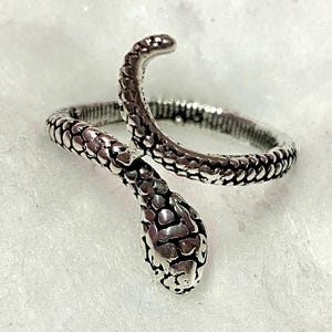 May include: A silver-colored snake ring with a textured, scale-like design. The snake's head curves upward, and the body wraps around to form the ring band. The ring is made of a shiny metal and is set against a white background.