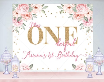 Miss Onederful Banner/Backdrop, First Birthday Party Decor, Pink Floral Backdrop, Onederful Party Backdrop, Printed or Printable File
