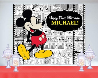 Retro Mickey Mouse Birthday Banner, Black and White Disney Backdrop