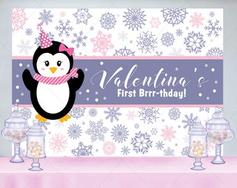 Penguin First Birthday Backdrop, Winter Theme (Printed or Printable File)