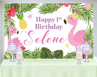 Baby Flamingo Birthday Backdrop, Tropical Party Decor (Printed or Printable File)