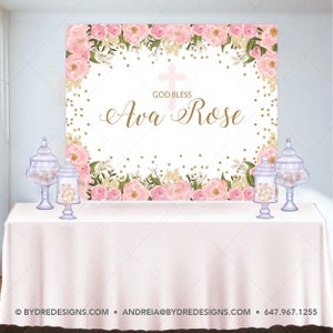 Floral Baptism Backdrop, Floral Communion Backdrop, Gold And Pink, Dessert Table Banner, Pastel Colors, Printed Or Printable File