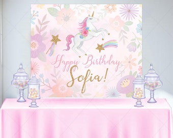 Unicorn Floral Birthday Banner/Backdrop, Birthday Party Decor, Pink Backdrop, Unicorn Party Backdrop, Printed or Printable File