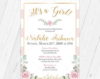 Baby Shower Invitation, Pink Baby Shower Invitation, Baby Invitation, Pink and White Invite, Printable Baptism Invitation