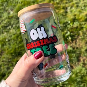 Little Debbie inspired Christmas tree cake cup, Glass Tumbler, Iced Coffee tumbler, Christmas Tumbler, Christmas Tree Tumbler