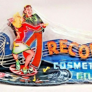 Letrero de acero de 18" de los años 50, con discos, cosméticos, películas, rock, baile, neón, estilo estadounidense, retro, para bar, cueva de hombre, regalo perfecto, decoración para colgar.