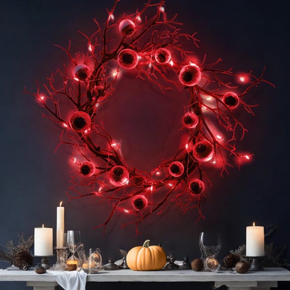 Halloween Türkranz Mit LED - Leuchtender Kranz Mit Schwarzer Katze