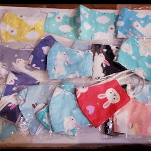3 piece pack child Handmade custom face cover masks manmade ART colorful fun kid patterns kitty bunnies llama  unicorn bow cartoon  animals