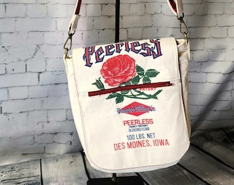Vintage Crossbody Bag feed sack grainsack upcycled Peerless rose white and red