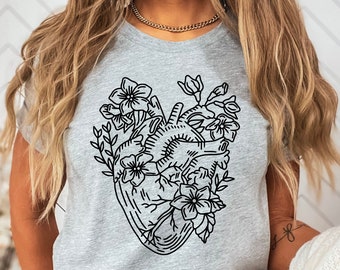 Floral Anatomical Heart Shirt, Cardiac Nurse Tee, Cardiac Heart Shirt, Nurses Gift, PCU Nurse, CVICU Nurse, Heart Doctor Gift, Nursing Shirt