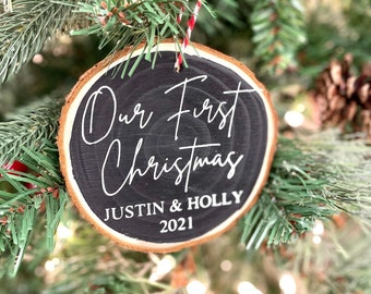 Personalized Our First Christmas Ornament, Newlywed Christmas Ornament, Couples Wood Ornament, Painted Wood Slice Ornament, First Xmas Gift