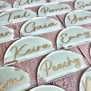 Half Circle Painted Acrylic Name Plates, Personalized Circle Wedding Shower Place Cards, Baby Shower Seating Cards, Dinner Party Name Cards image 1