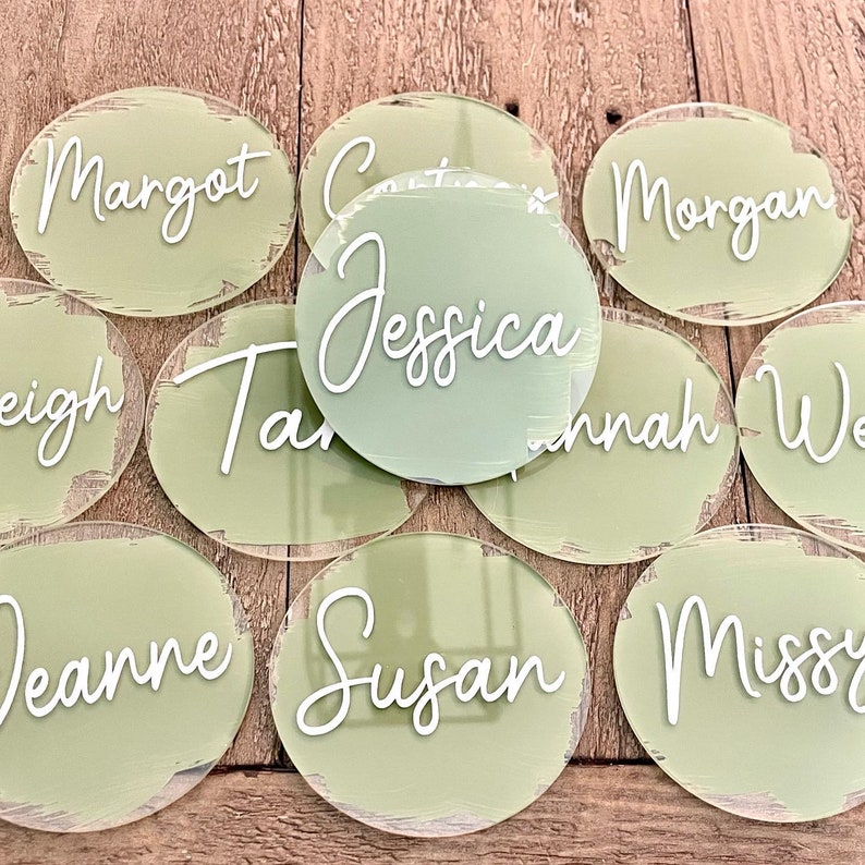 Painted Acrylic Name Plates, Personalized Circle Wedding Place Cards, Baby Shower Seating Cards, Dinner Party Name Cards, Painted Acrylic image 5