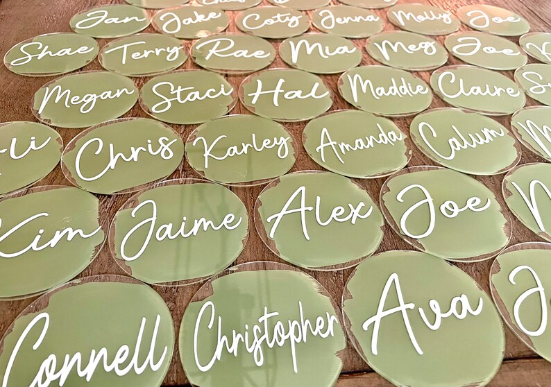 Painted Acrylic Name Plates, Personalized Circle Wedding Place Cards, Baby Shower Seating Cards, Dinner Party Name Cards, Painted Acrylic image 4