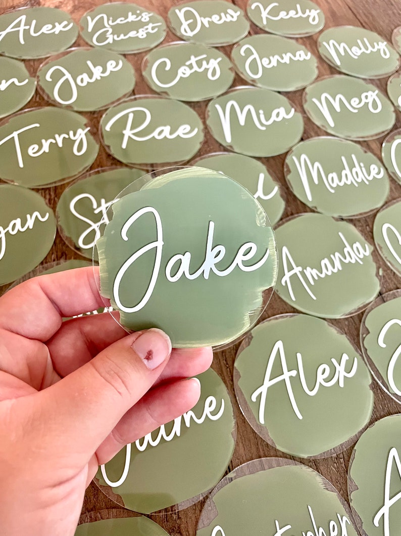 Painted Acrylic Name Plates, Personalized Circle Wedding Place Cards, Baby Shower Seating Cards, Dinner Party Name Cards, Painted Acrylic image 2