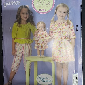 Kwik Sew K261 Girls&#39; Dress, Top, Capris & 18&quot; Doll Dress