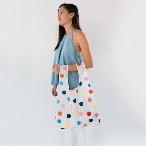 Reusable Market Bag, Rainbow Polkadots. Foldable Bag. Zero-Waste, Eco Shopping Bag. Carries 20kg. Small Gift for Her. Strong, Light, Compact