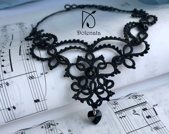 Tatting lace necklace, lace necklace black,  pendant heart, gift for beloved, lace necklace.