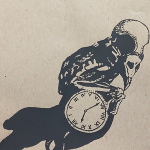 May include: A black and white illustration of a skeleton holding a clock. The clock face shows Roman numerals and the hands are pointing to 10:10.