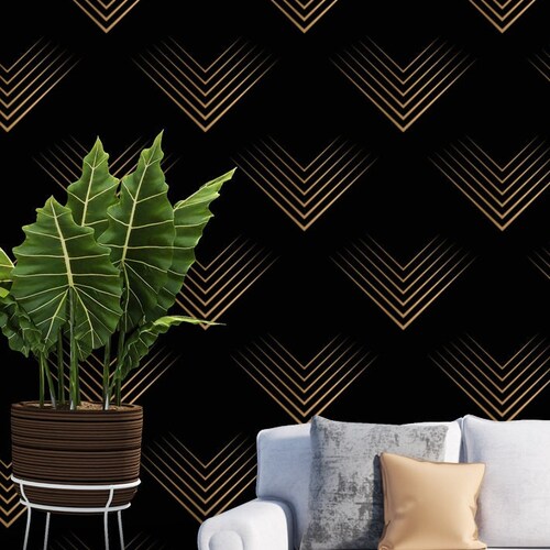 Geometric Wallpaper Black and Gold Selfadhesive Etsy
