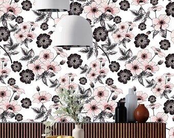 Black Pink White Flowers and Leaves Wallpaper, Removable Peel Stick or Traditional Mural Wall Covering Wall Decor, Printmyspace