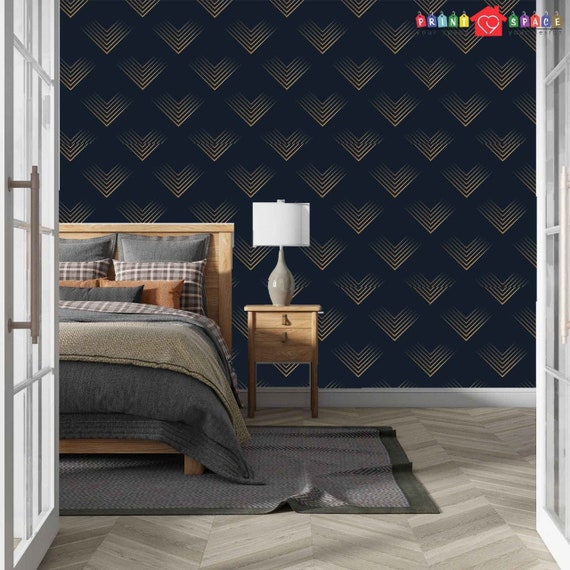 Navy Blue and Gold Art Deco Wallpaper Modern Home Decor Etsy