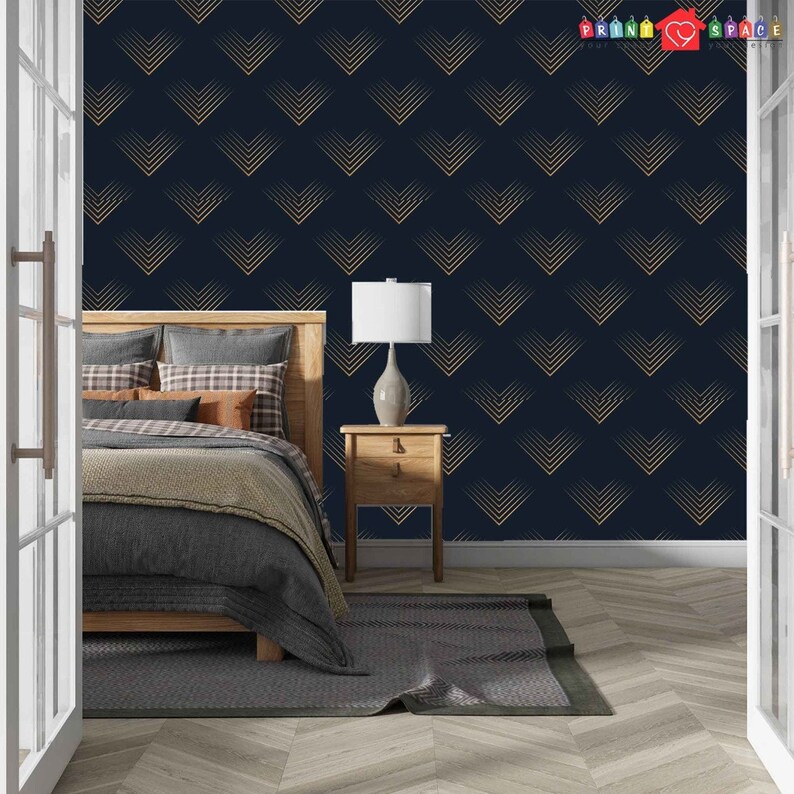 Navy Blue and Gold Art Deco Wallpaper Modern Home Decor Etsy