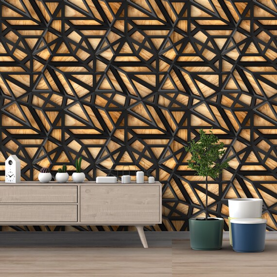 Printmyspace 3d Wallpaper With Black Lattice Tiles On A Wooden Oak Background Prepasted Wall Covering Peel Stick Wall Decor Wallpaper