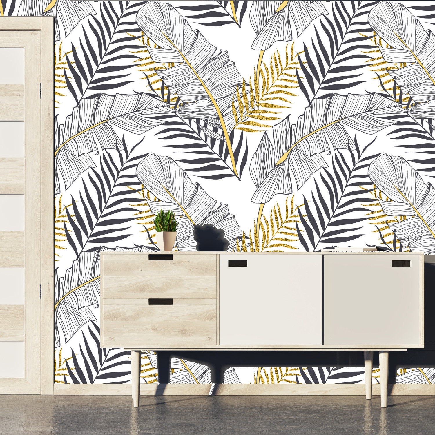 Black Gold White Tropical Leaf Wallpaper Traditional Non Etsy