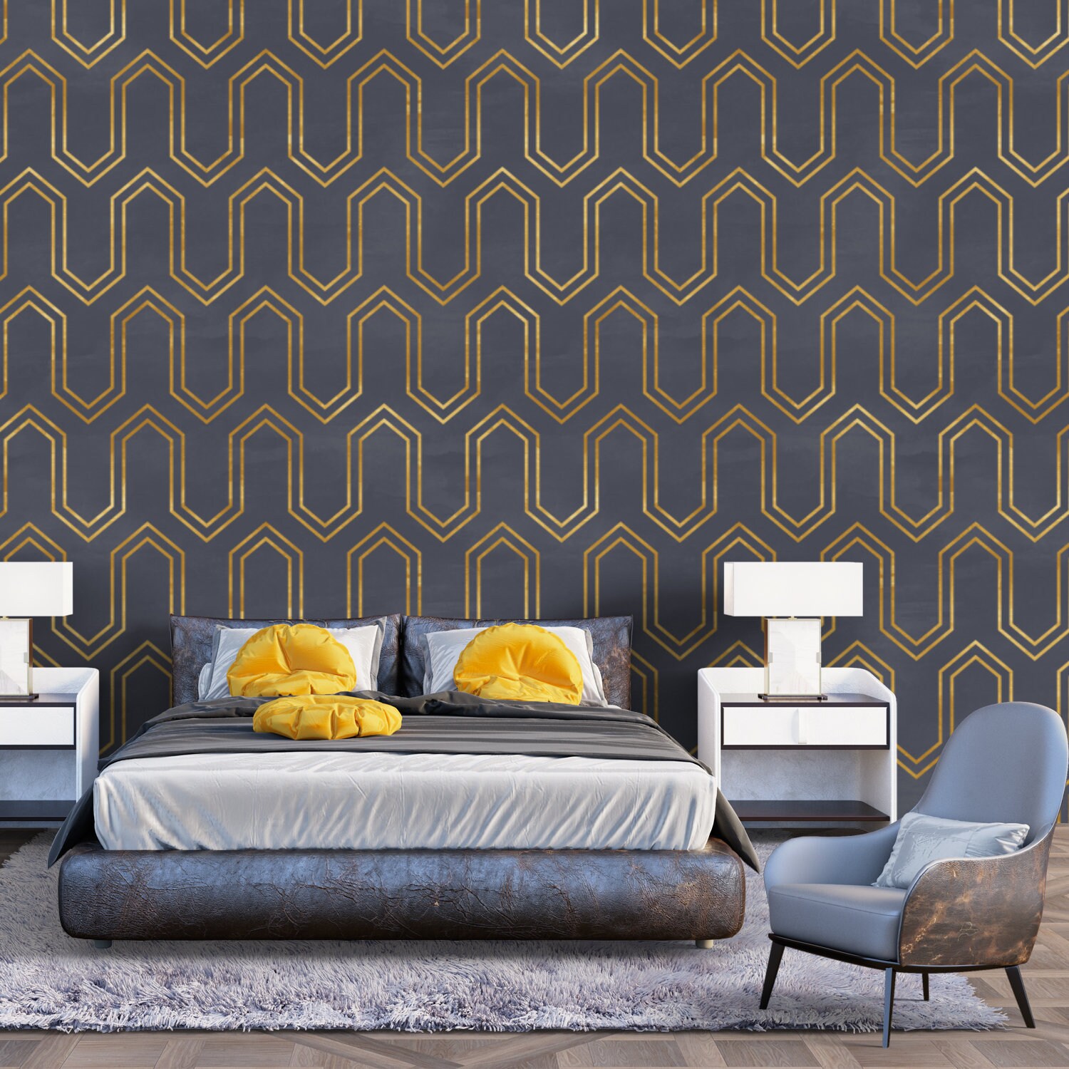 Geometric Art Deco Gray Gold Wallpaper Monochrome Embossed Etsy Canada
