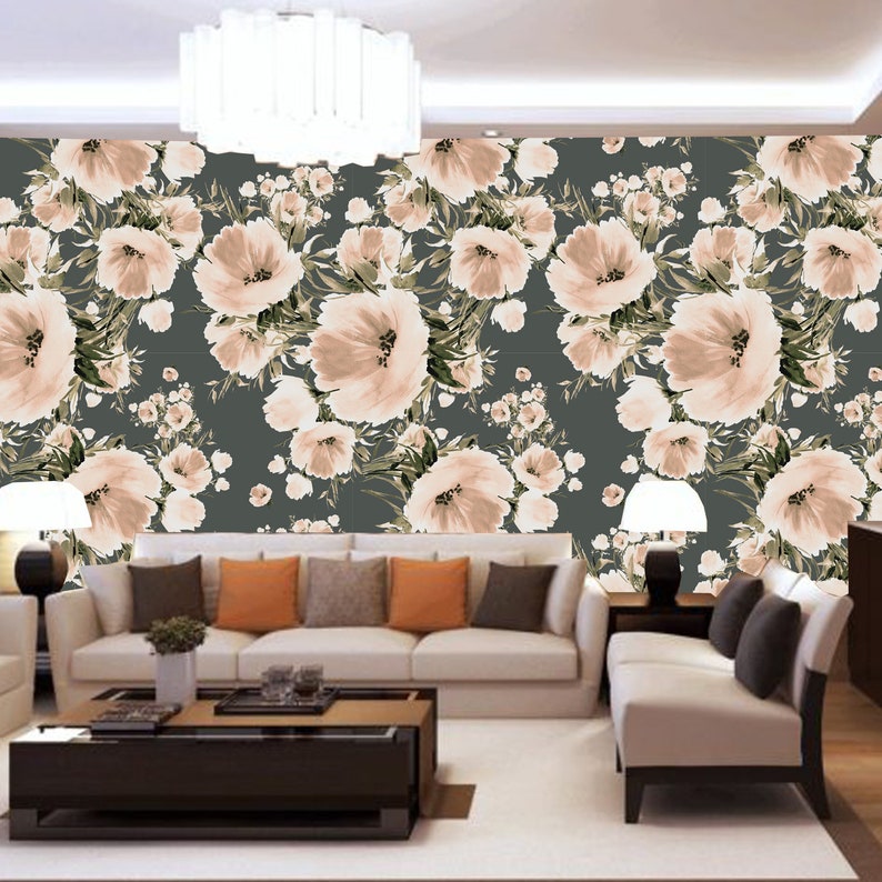 Removable Large Floral Wallpaper Vintage Watercolor Flowers Etsy
