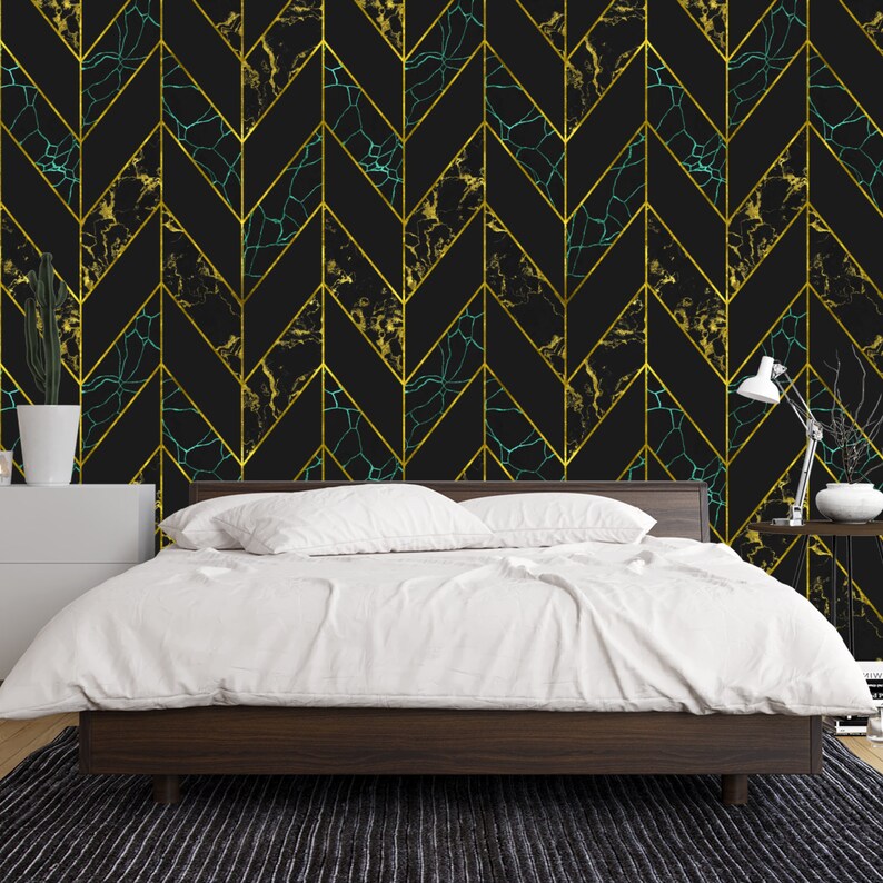 Black Gold Marble Chevron Herringbone Geometric Wallpaper Etsy