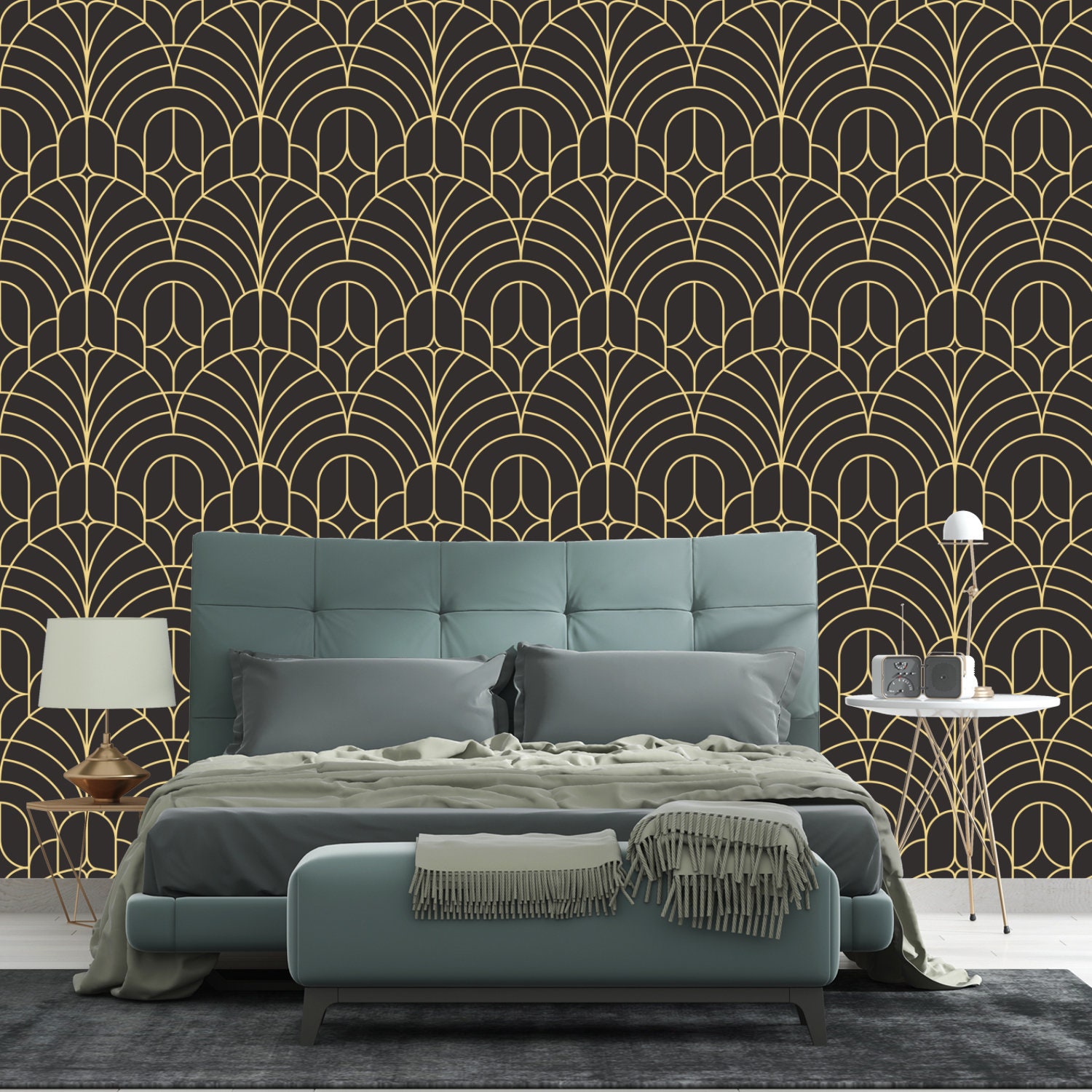 Geometric Art Deco Black Gold Wallpaper Monochrome Embossed Etsy