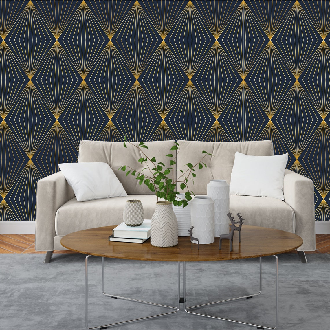 Geometric Art Deco Blue Gold Wallpaper Monochrome Embossed Etsy UK