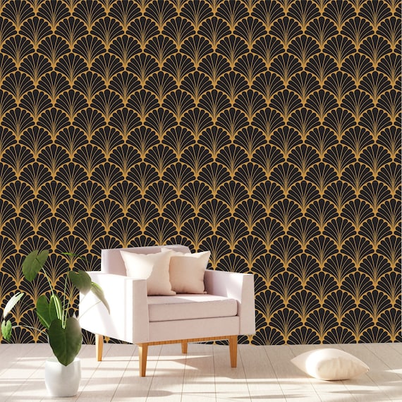 Printmyspace Art Deco Geometric Wallpaper In Black Gold Etsy