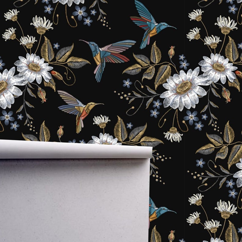 Black and White Wallpaper Bird Wallpaper Chinoiserie Wall Etsy