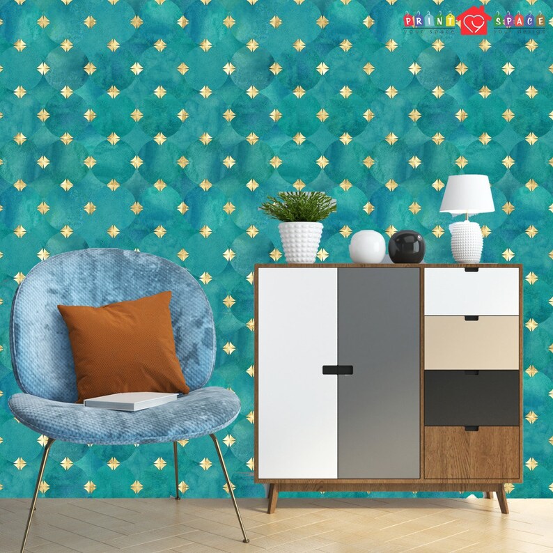 Green Beige Gold Art Deco Wallpaper Geometric Wallpaper Etsy