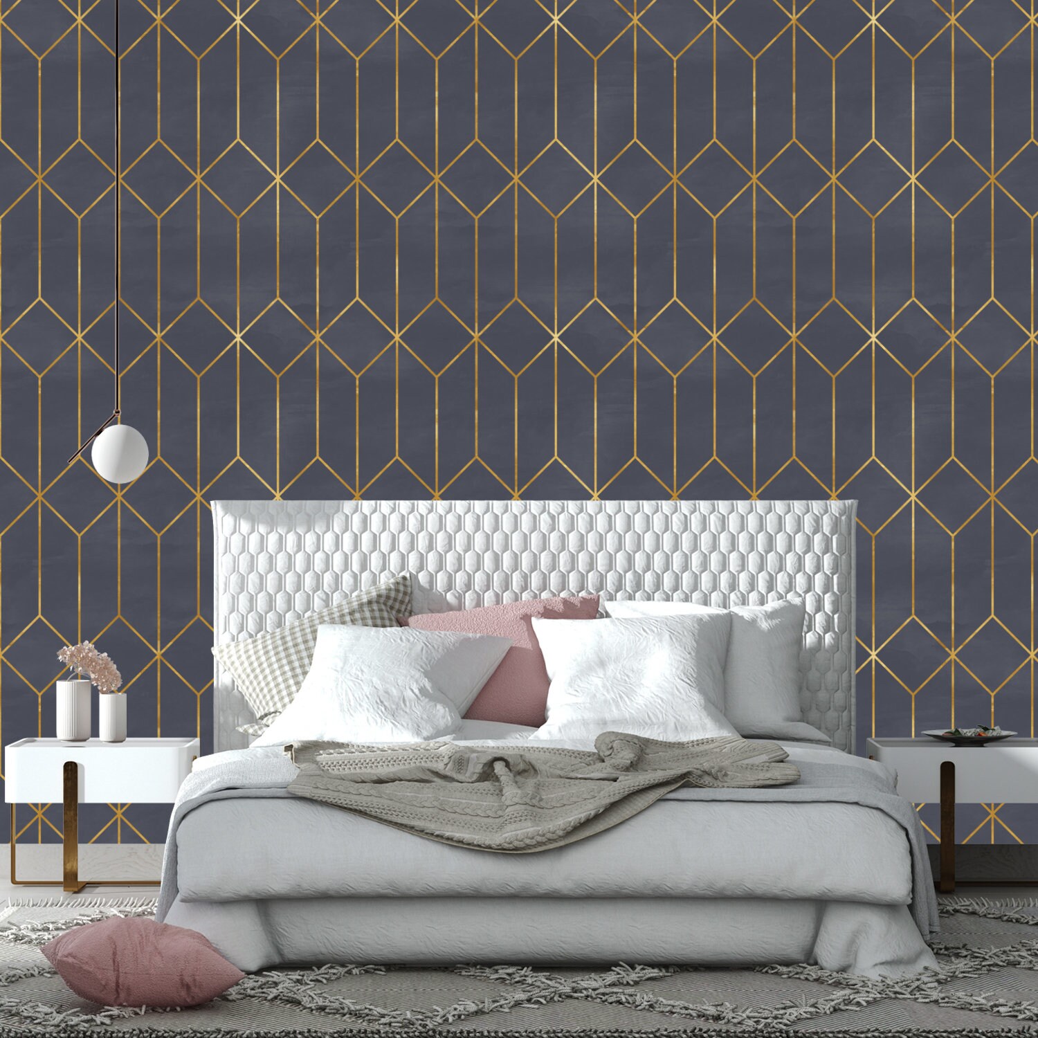 Geometric Art Deco Gray Gold Wallpaper Monochrome Embossed Etsy